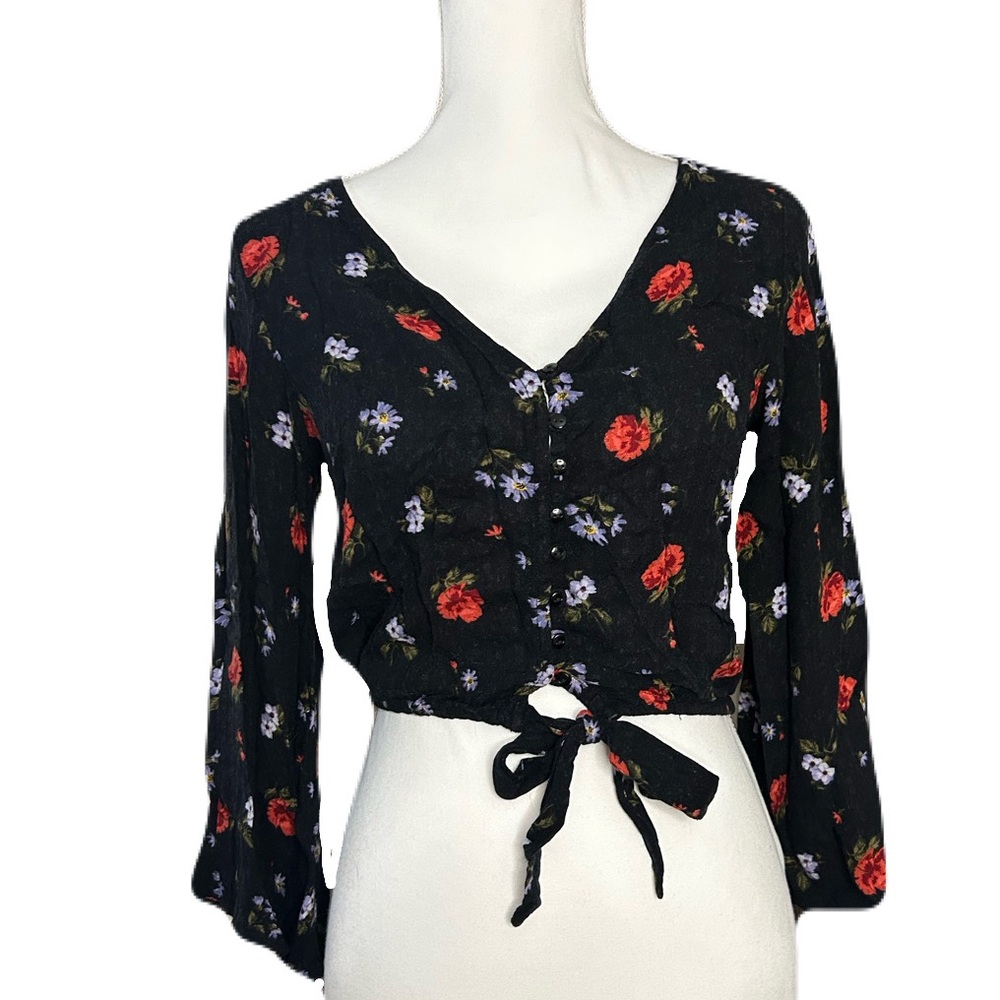 American Eagle Floral Tie Long Sleeve Crop Top, Size XS